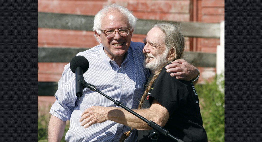 Musician Willie Nelson, right, appears at a rally in support of Rep. Bernie Sanders, I-Vt., at a farm in Charlotte, Vt., Tuesday, Aug. 8, 2006. Sanders is running for the open seat in the U.S. Senate left by incumbent Sen. James Jeffords. (AP Photo/Toby Talbot)